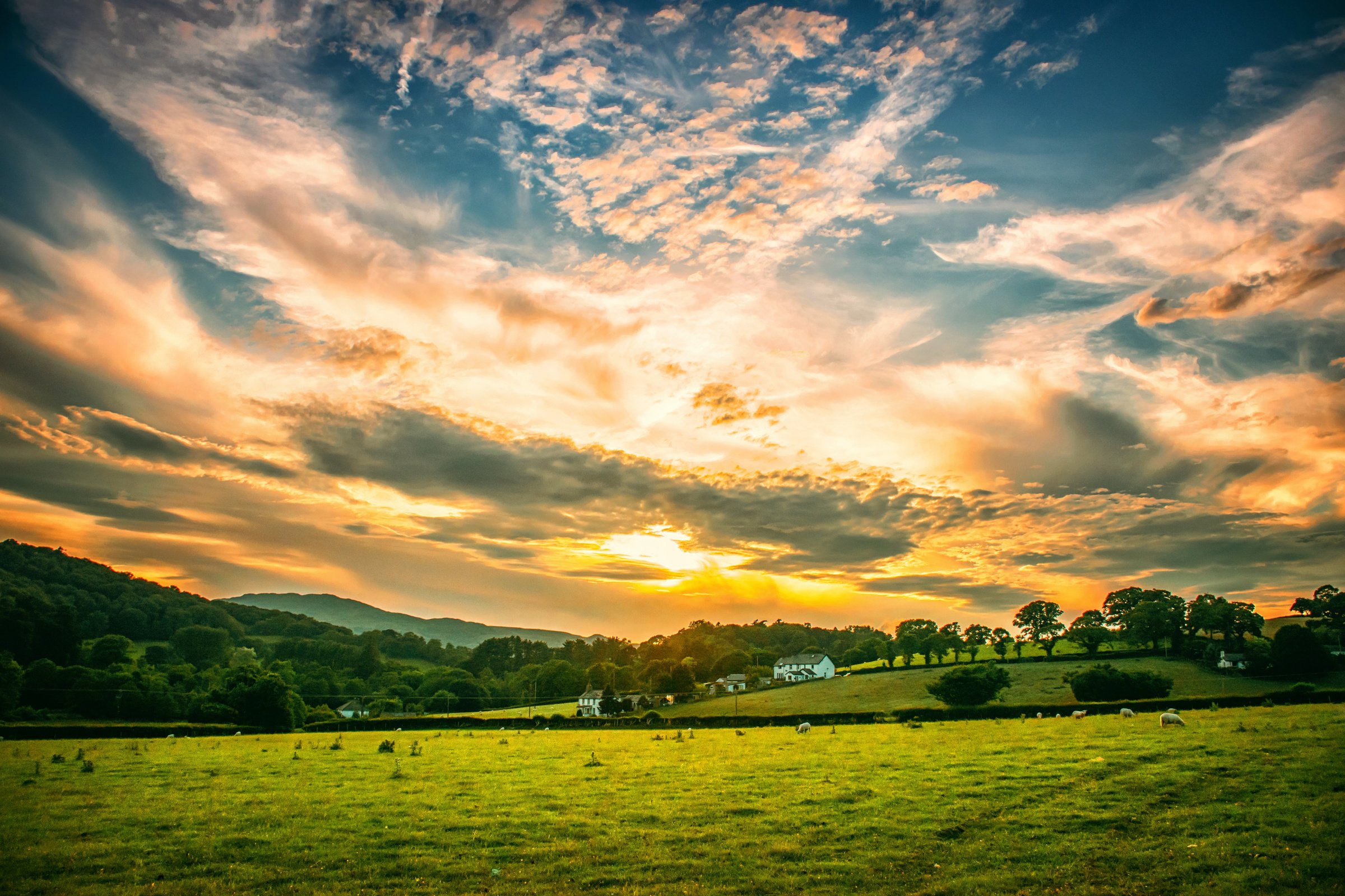 Grey Cloudy Sunset Sky over the Farm Field